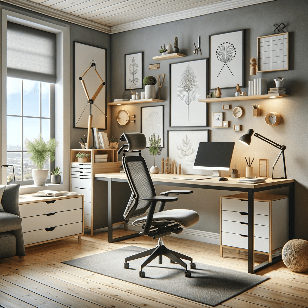 A well-designed home office featuring ergonomic furniture such as an adjustable chair and desk, personalized decor including art pieces and plants,