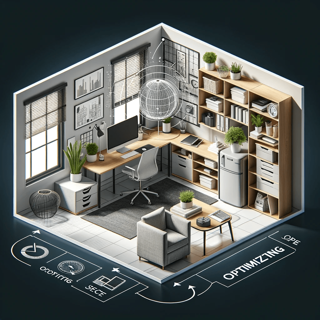 An image describe the concept of optimizing space with layout and design in a home office. It should show a well-organized and efficient room layout