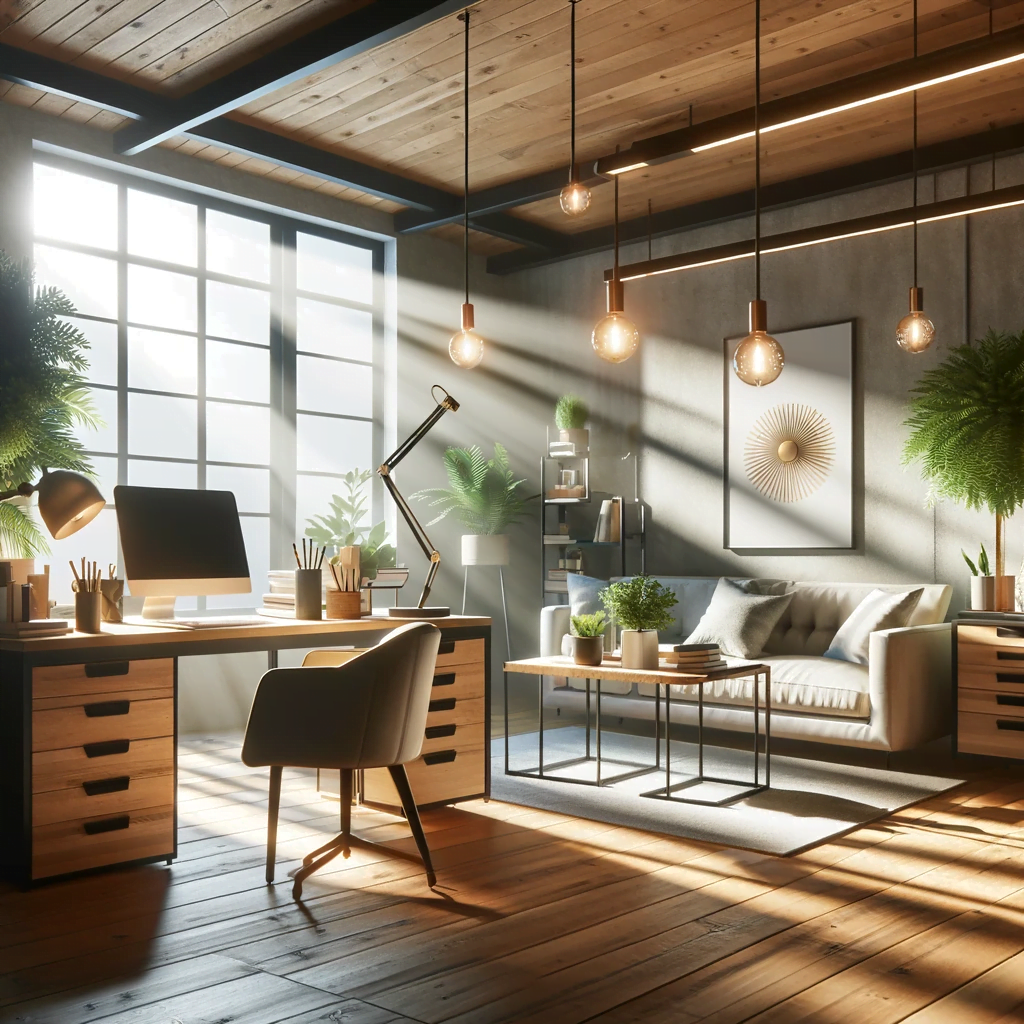 An image showcasing the importance of lighting in a home office, focusing on a space that is well-lit with both natural and artificial light sources. 