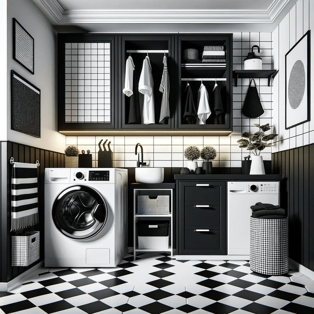 Black and White Theme laundry room design with striking contrast, checkered flooring, and monochrome decor. The room features a modern washer and dryer