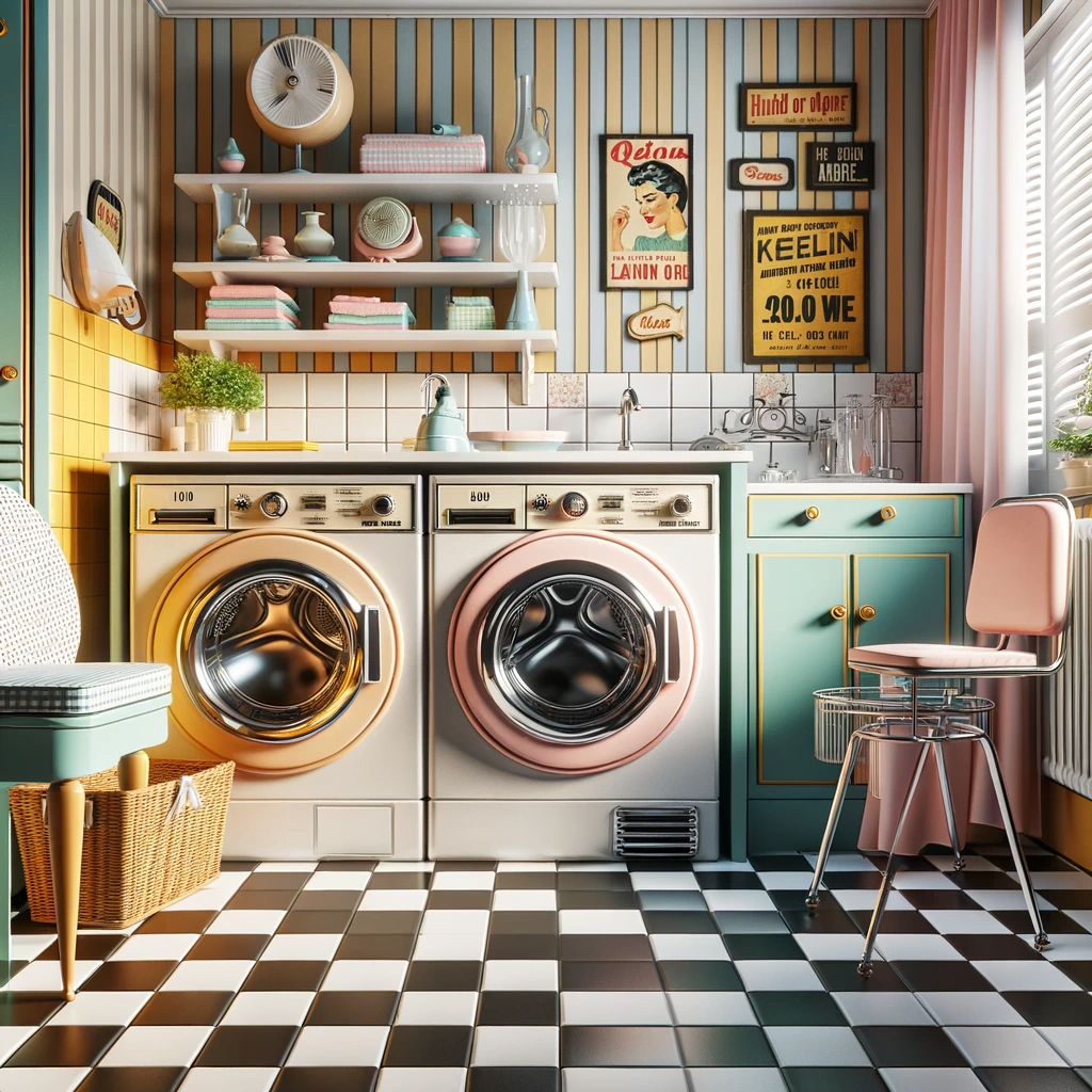 Vintage Retro laundry room design inspired by the 50s and 60s with pastel colors and retro appliances.