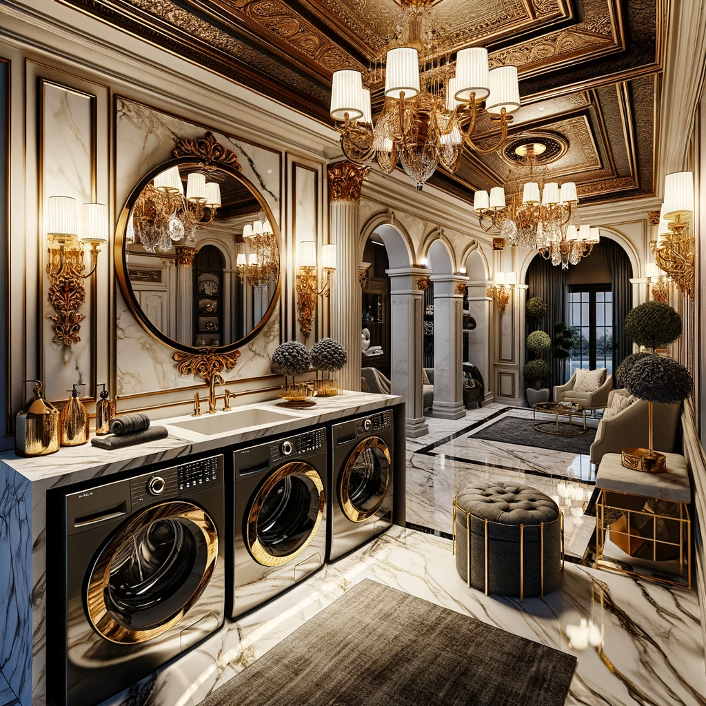 Luxury Touches laundry room design featuring marble countertops, chandeliers, and high-end finishes. The room includes an elegant washer and dryer