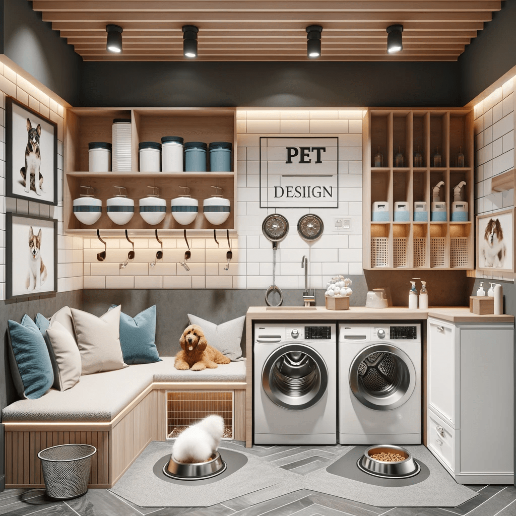 Pet-Friendly Design laundry room with a pet washing station and built-in feeding bowls. The room includes a specialized area for pet grooming,