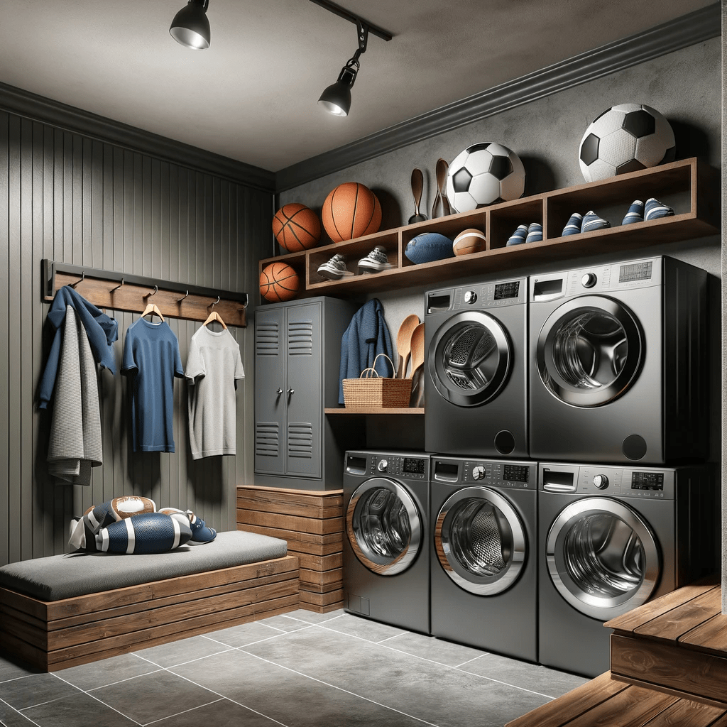 Sporty Utility laundry room design with ample storage for sports equipment, mudroom integration, and durable materials.