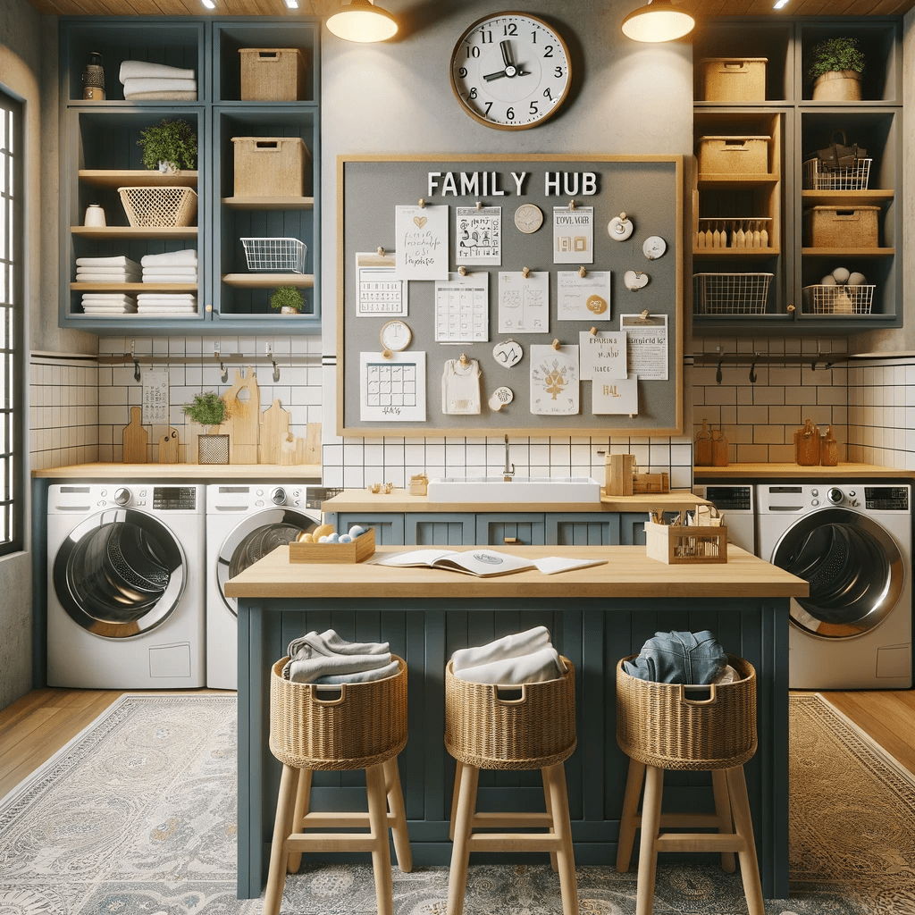 Family Hub laundry room design with a bulletin board for family notes, a calendar, and shared storage spaces. The room is designed as a family-friendly