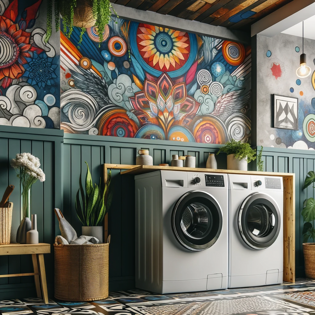 Artistic Accent Walls laundry room design with bold wallpaper or a mural as a focal point. The room includes a washer and dryer,