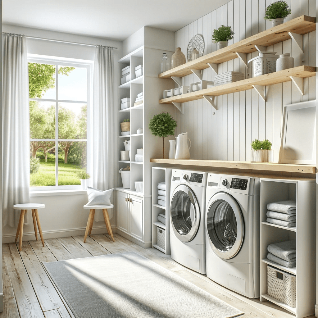 Bright and Airy laundry room design with white walls, open shelving, natural light, and a fresh, clean aesthetic.