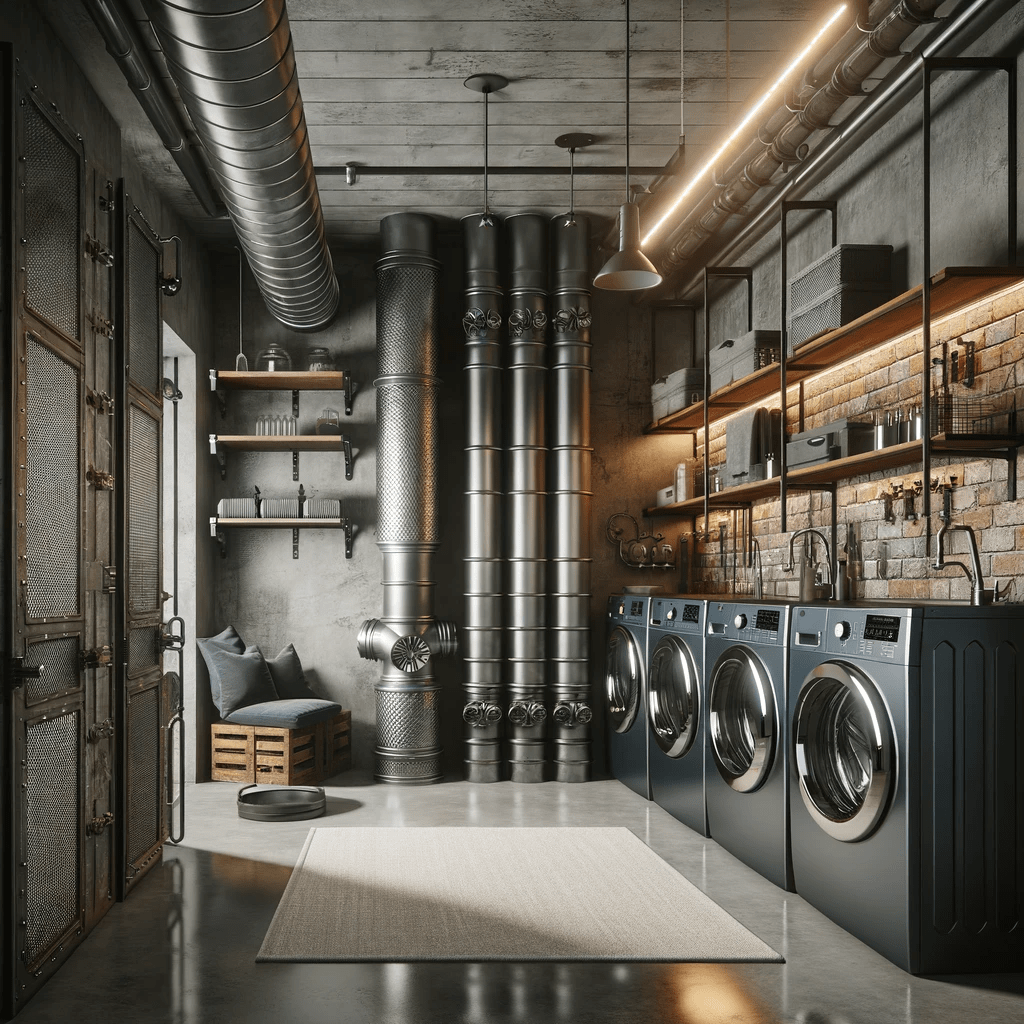 Industrial Edge laundry room design with exposed pipes, metal accents, concrete flooring, and a modern, robust look.