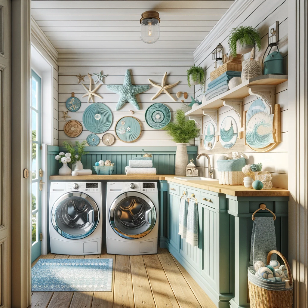 Coastal Vibes laundry room design featuring light blues and greens, shiplap walls, and sea-themed decorations. The room includes a washer and dryer