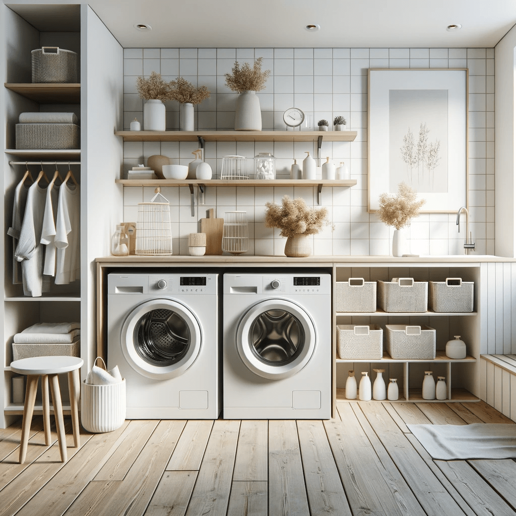 Scandinavian Simplicity laundry room design with neutral colors, functional design, and minimal decor. The room features a streamlined washer and dryer