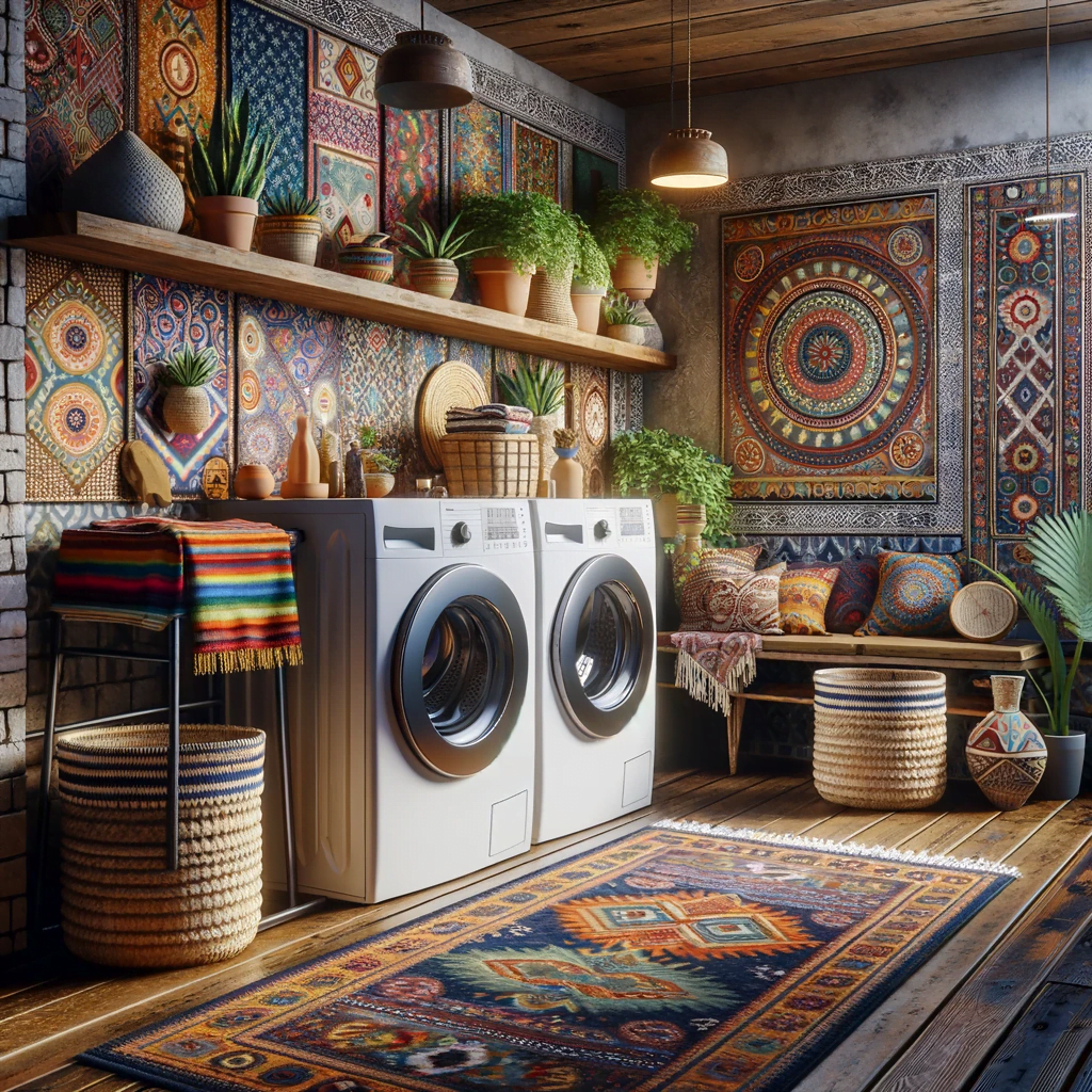 Bohemian Flair laundry room design with an eclectic mix of patterns, colors, and textures, and artistic touches