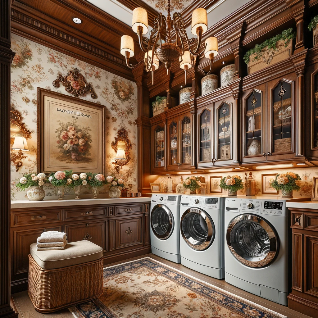 Traditional Elegance laundry room design featuring classic cabinetry, floral wallpapers, and rich wood tones