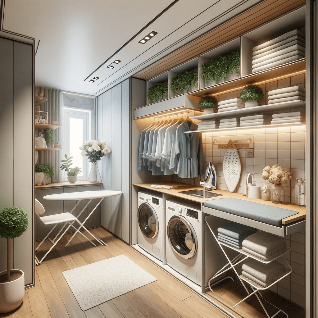 Space-Saving Solutions laundry room design with a stackable washer and dryer, fold-out ironing boards, and wall-mounted drying racks.