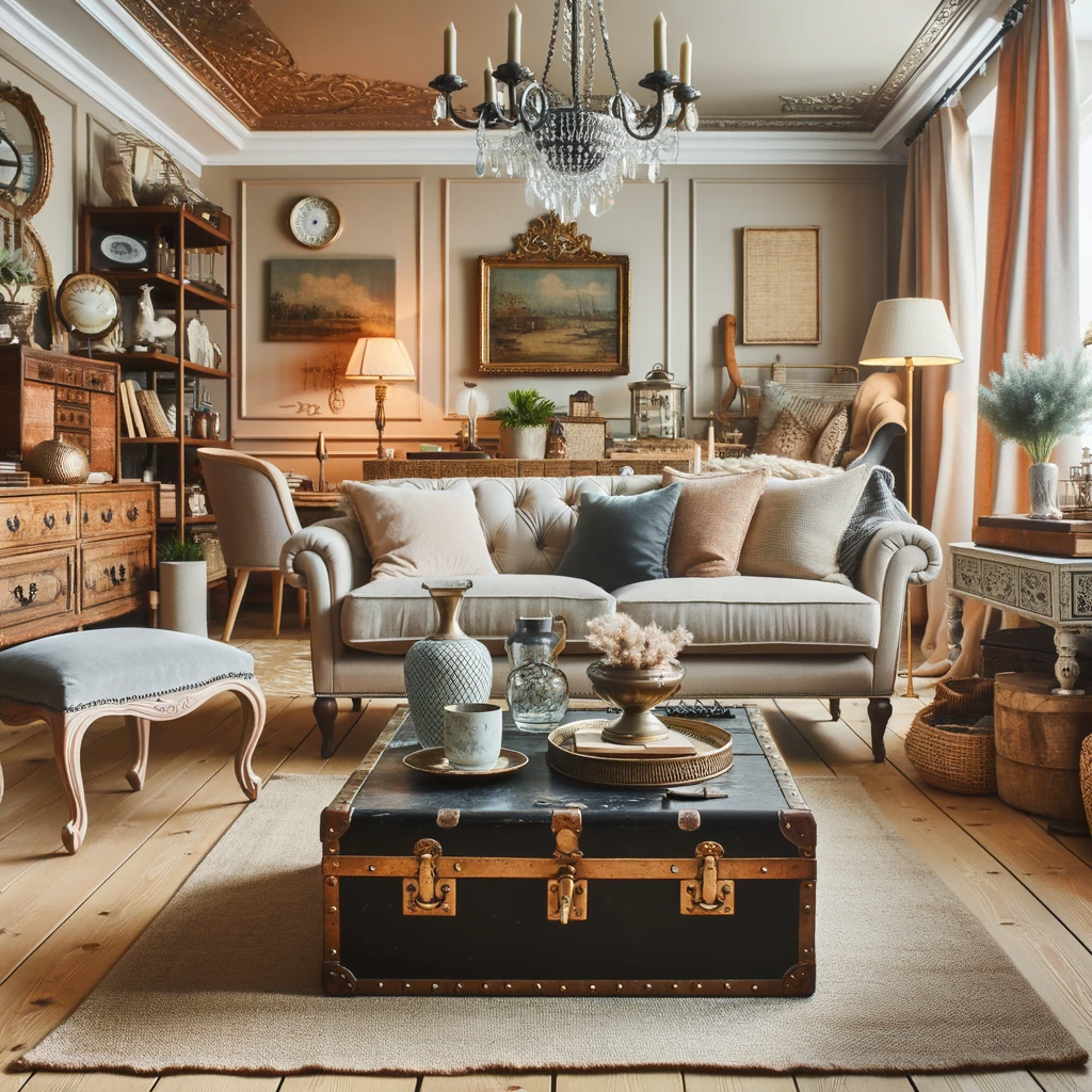 A stylish living room decorated with classic home decor but on a budget. The room features thrift store finds like a vintage sofa and repurposed furni