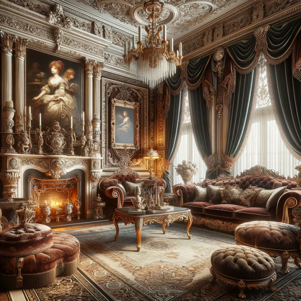An elegant Victorian style living room with ornate furniture, rich velvet fabrics, intricate patterns, and heavy drapery.