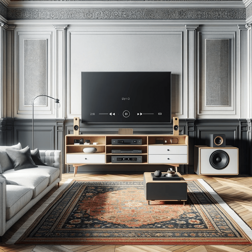 A modern living space seamlessly integrating technology, with a classic sofa and traditional rug in front of a sleek, wall-mounted smart TV and minima