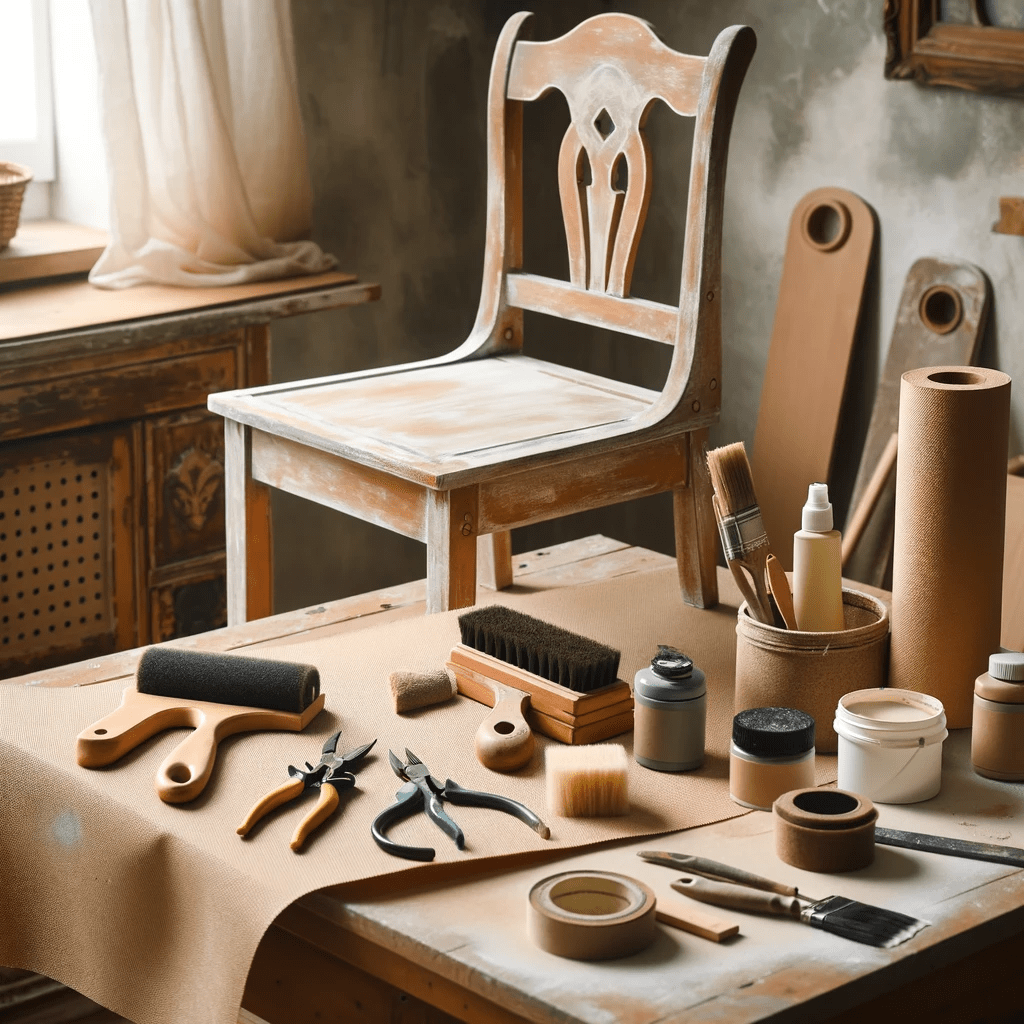 A DIY home project area showcasing the process of refurbishing an antique wooden chair. Tools, sandpaper,