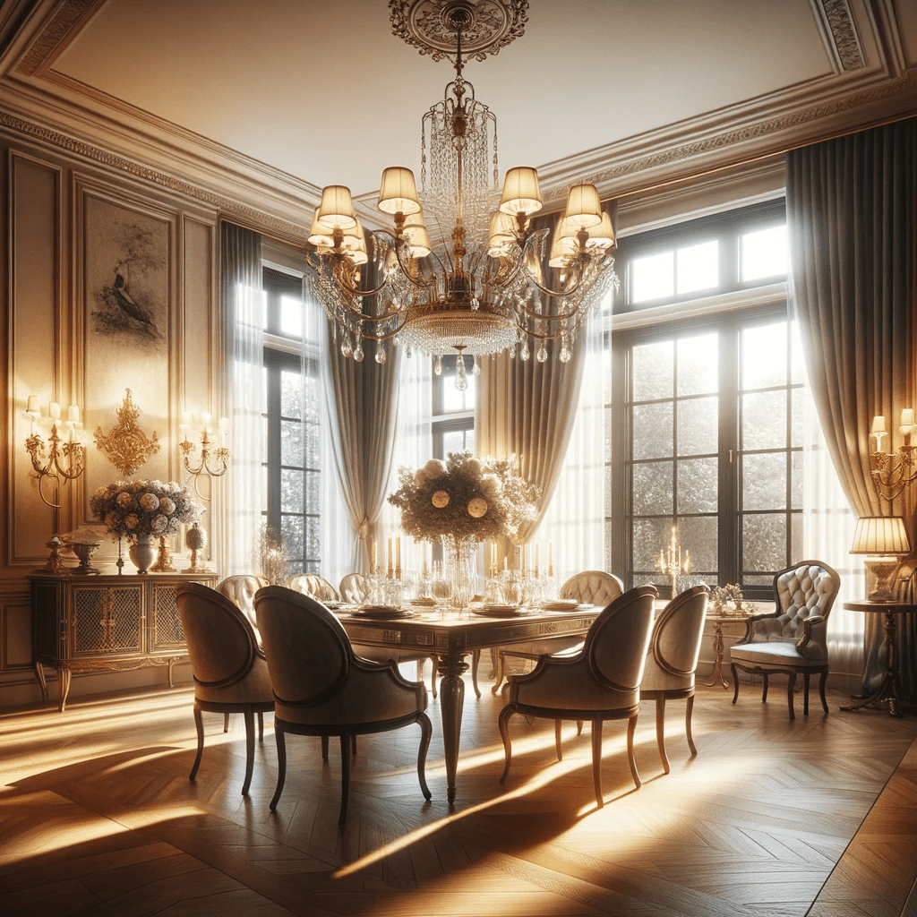 A luxurious dining room bathed in natural light, featuring an elegant chandelier and sconces that add a warm glow to the space. Large windows with she