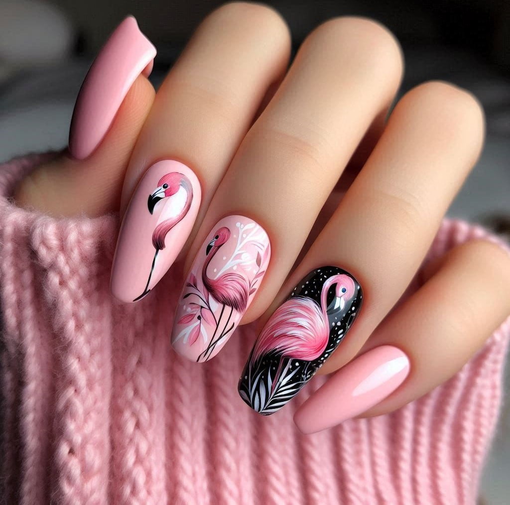 A soft pink base nail with flamingo designs accentuated with white and black details