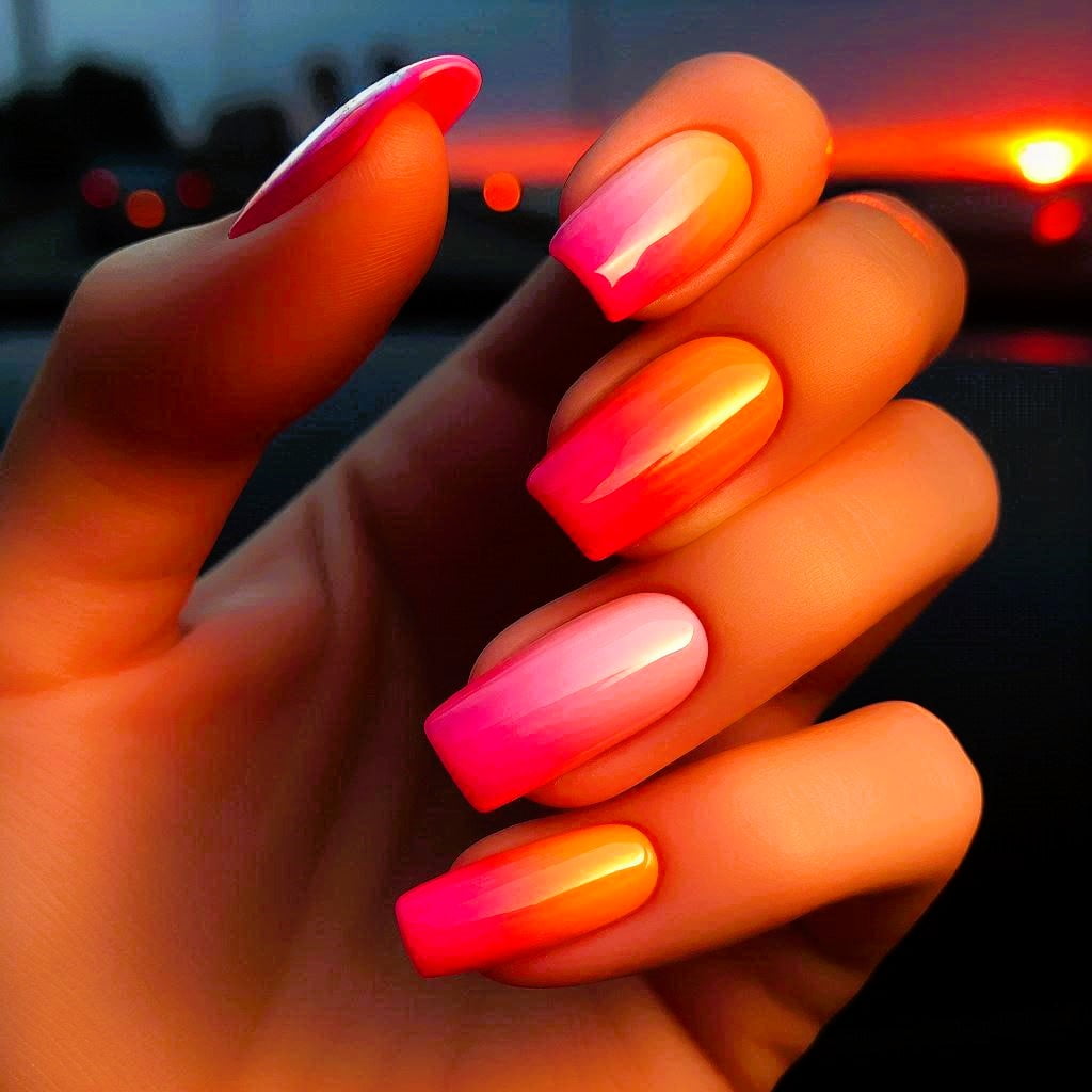 Gradient nails transitioning from bright pink to orange, evoking summer