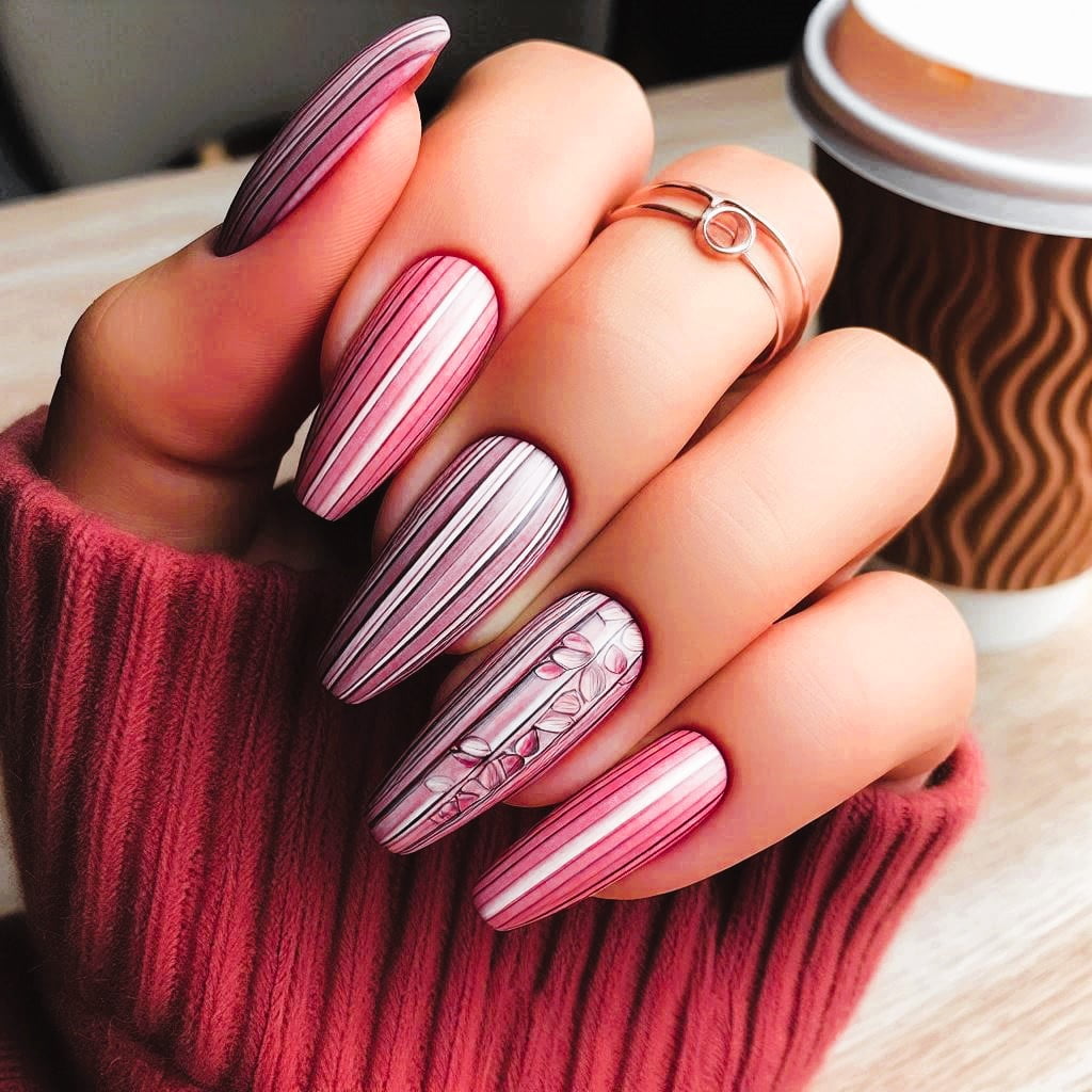 Horizontal or vertical stripes nail in different shades of pink