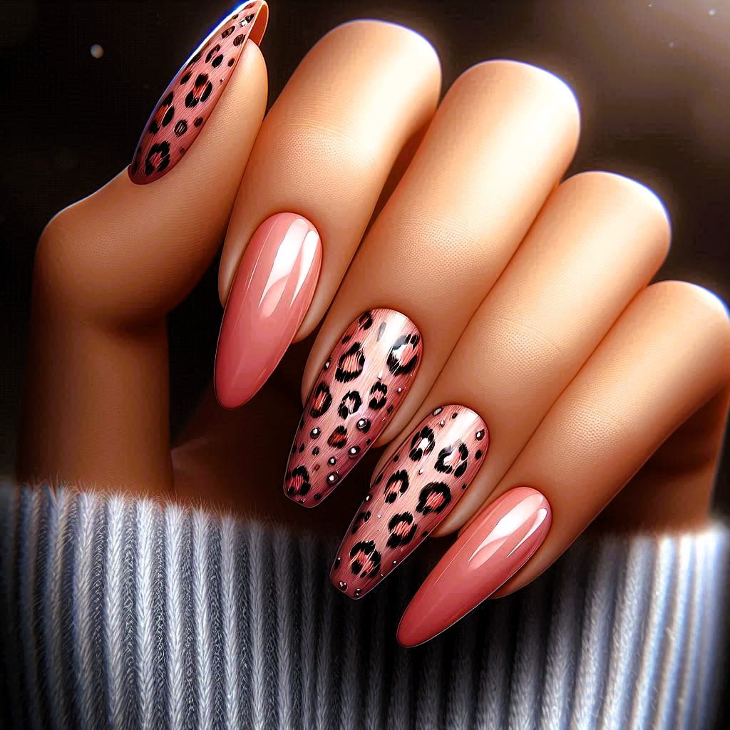 Light pink base nail with darker pink leopard spots