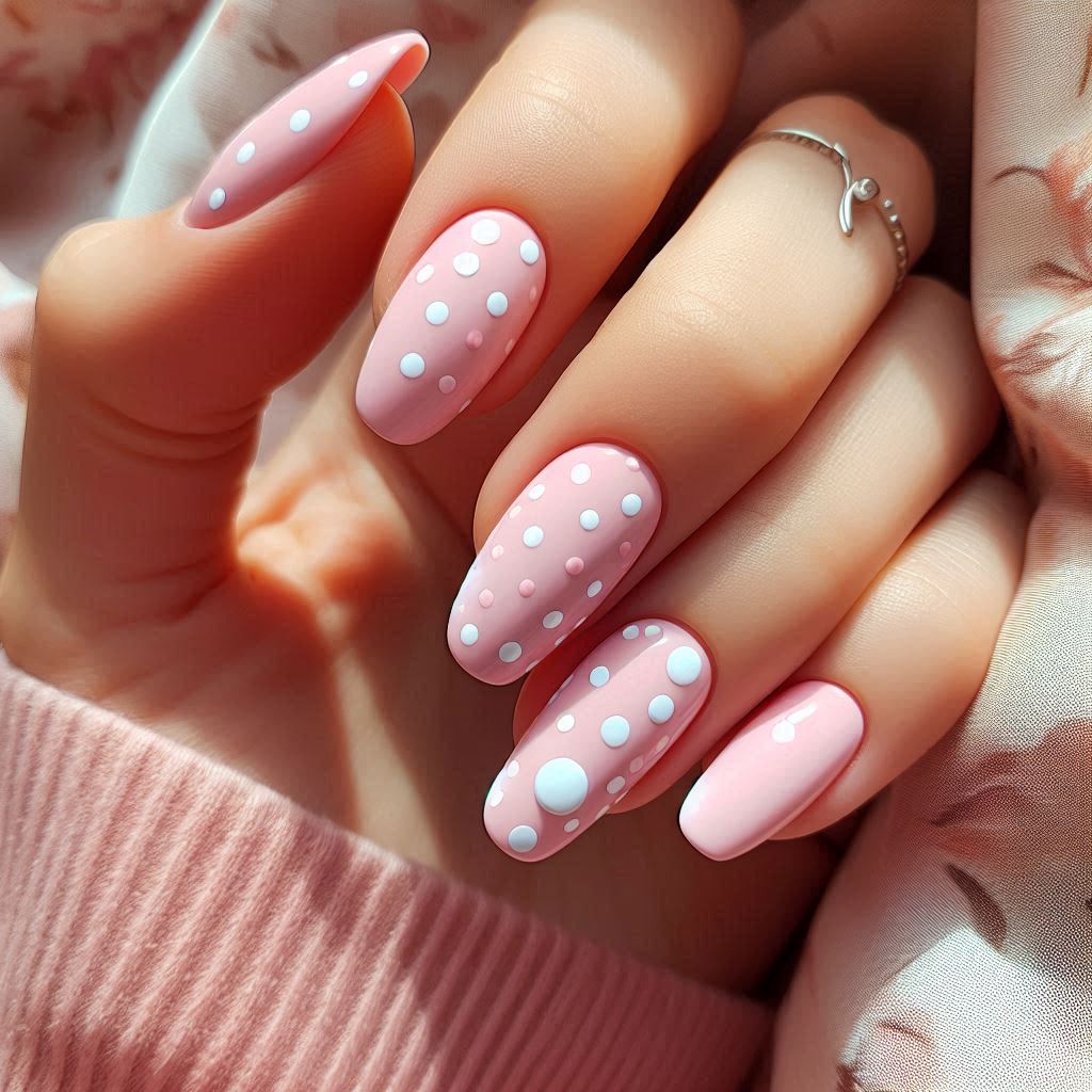 Light pink nails with white polka dots for a fun, playful look