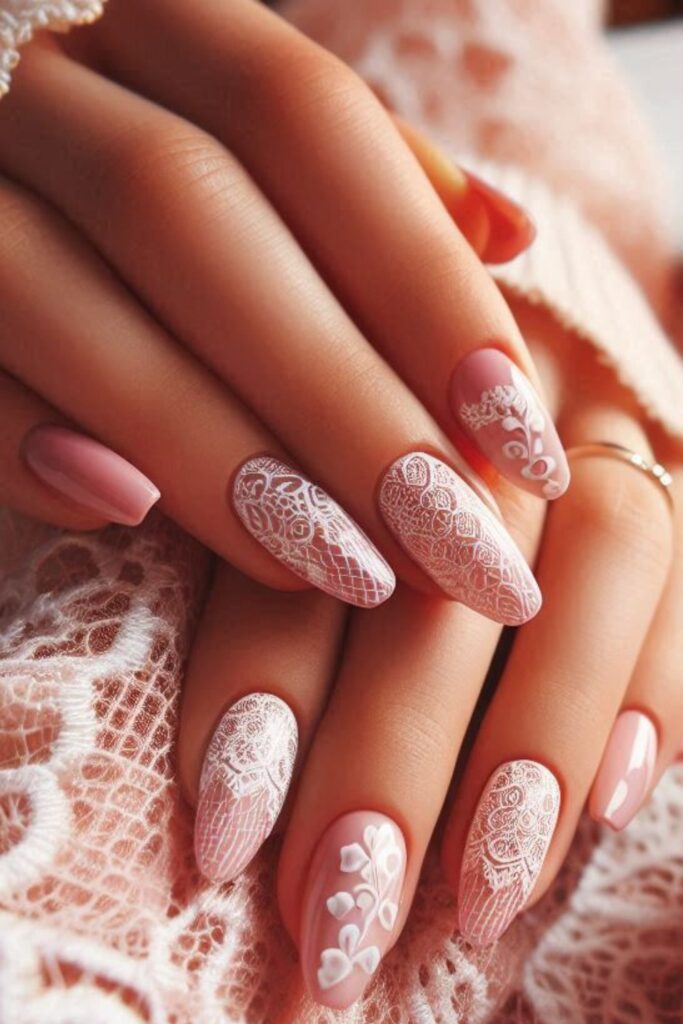 Nails adorned with a delicate white lace pattern over a pink base, set in a romantic dinner date scene