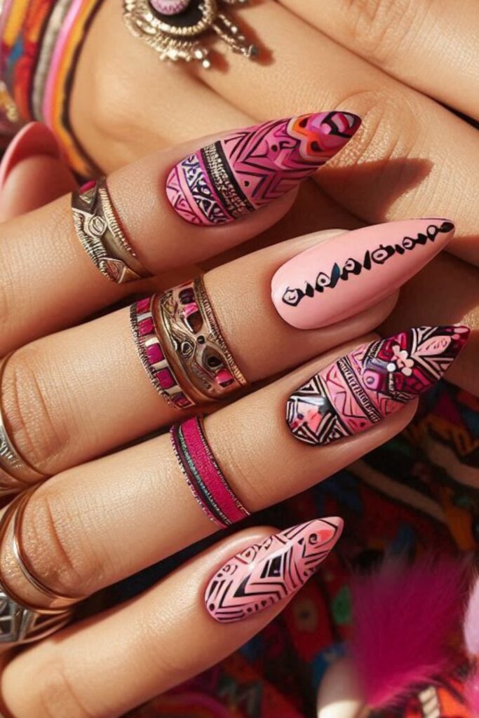 Nails combining various shades of pink with bold tribal patterns, set in a vibrant cultural festival environment