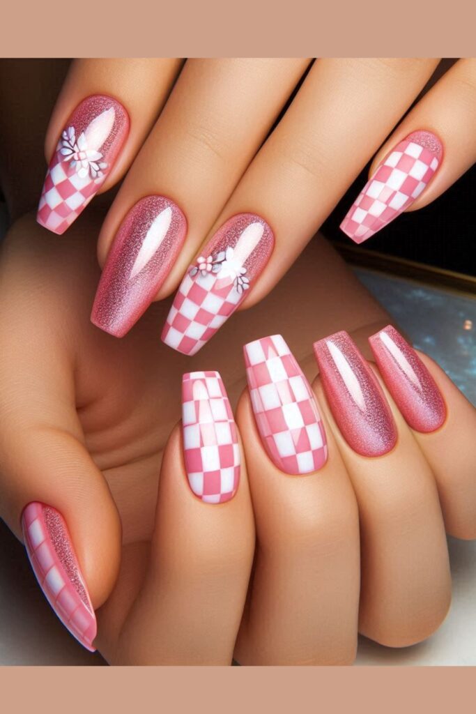 Nails featuring a fun, retro pink and white checkerboard pattern, set in a vintage-themed party environment