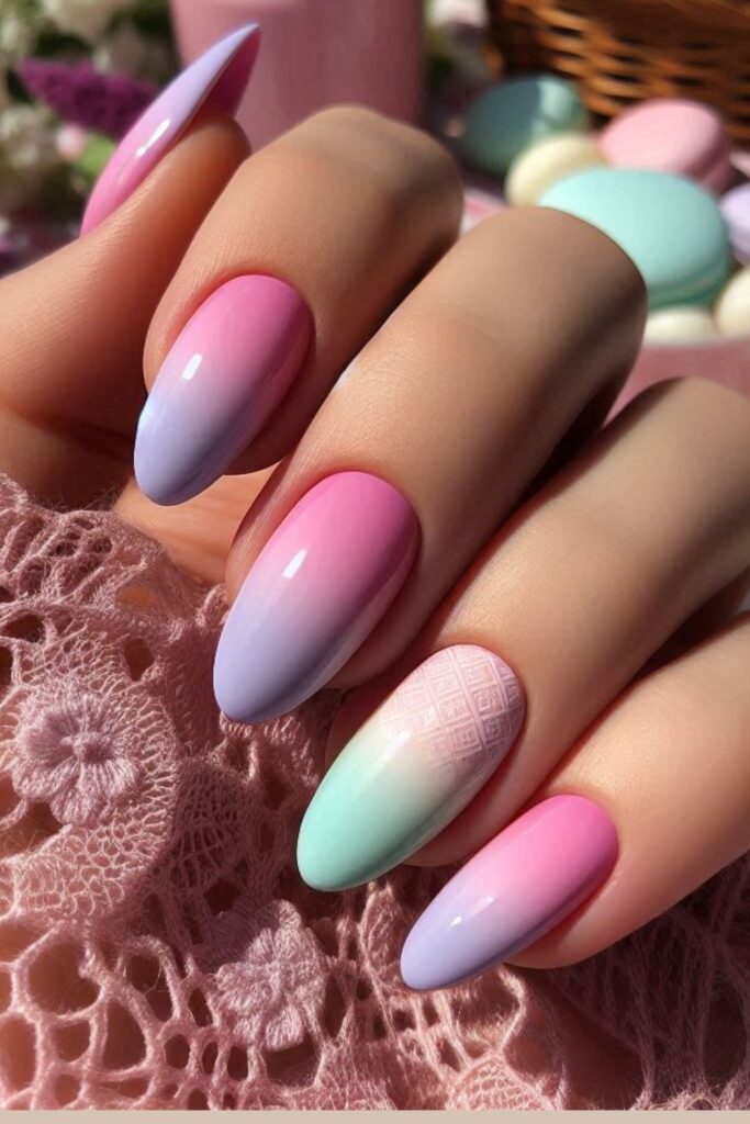 Nails featuring a gentle gradient blend of pastel pink, lavender, and mint, set in a serene spring picnic environmen