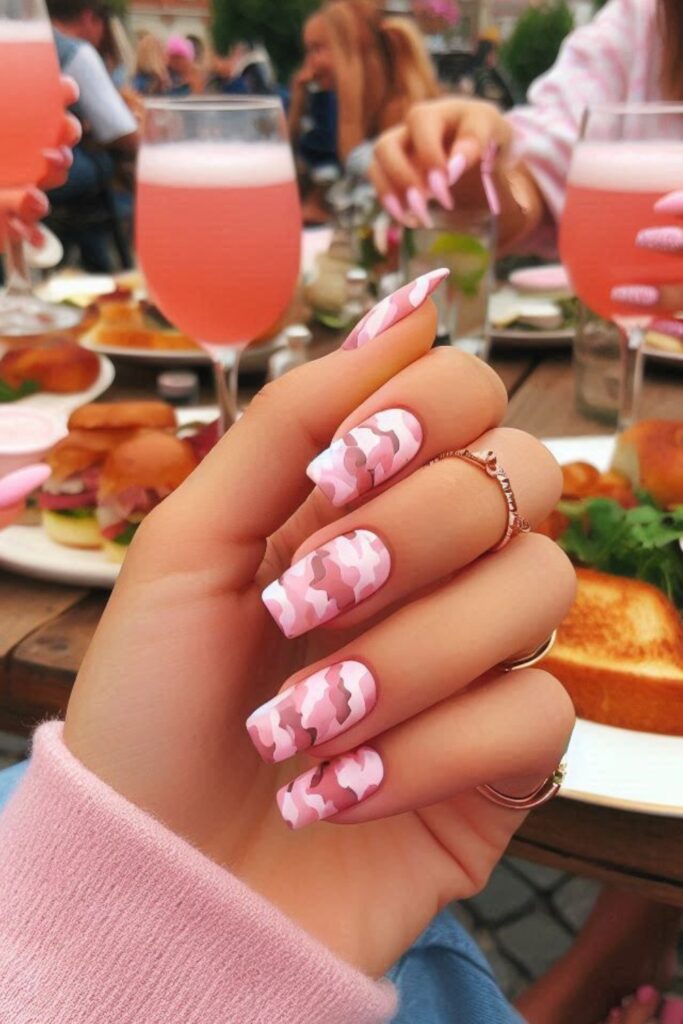 Nails featuring a trendy pink camouflage pattern, against a casual, outdoor brunch setting with friends