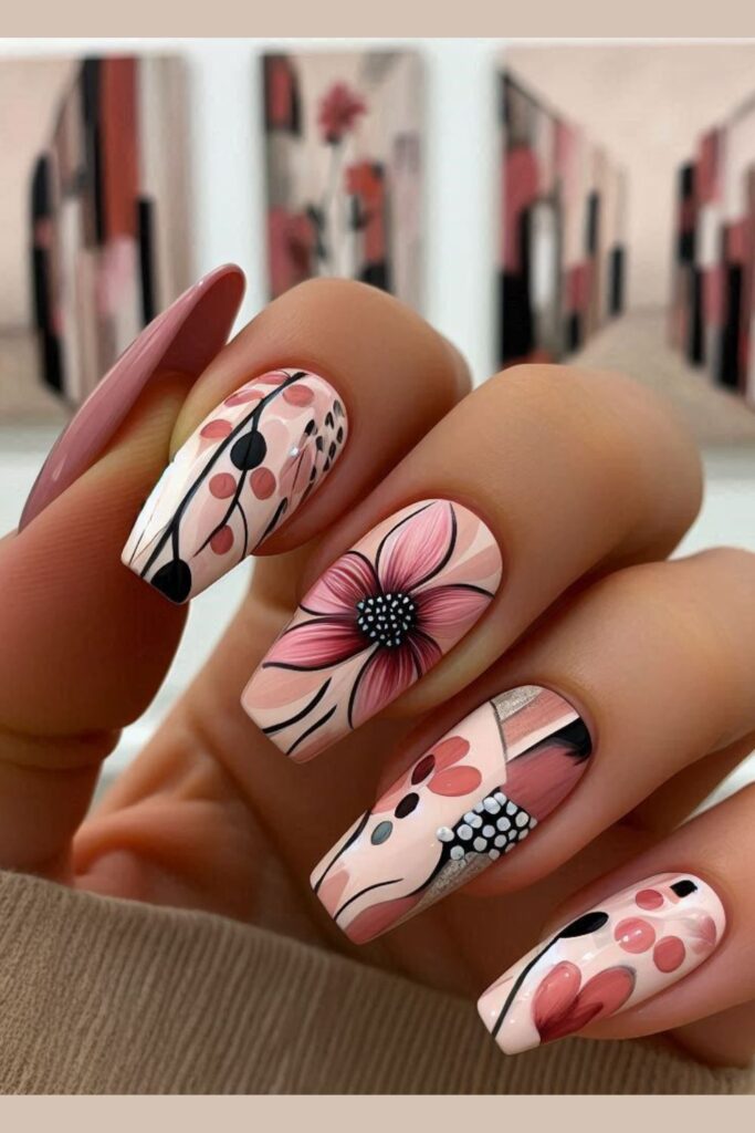 Nails showcasing abstract pink flowers with bold brushstrokes and dots