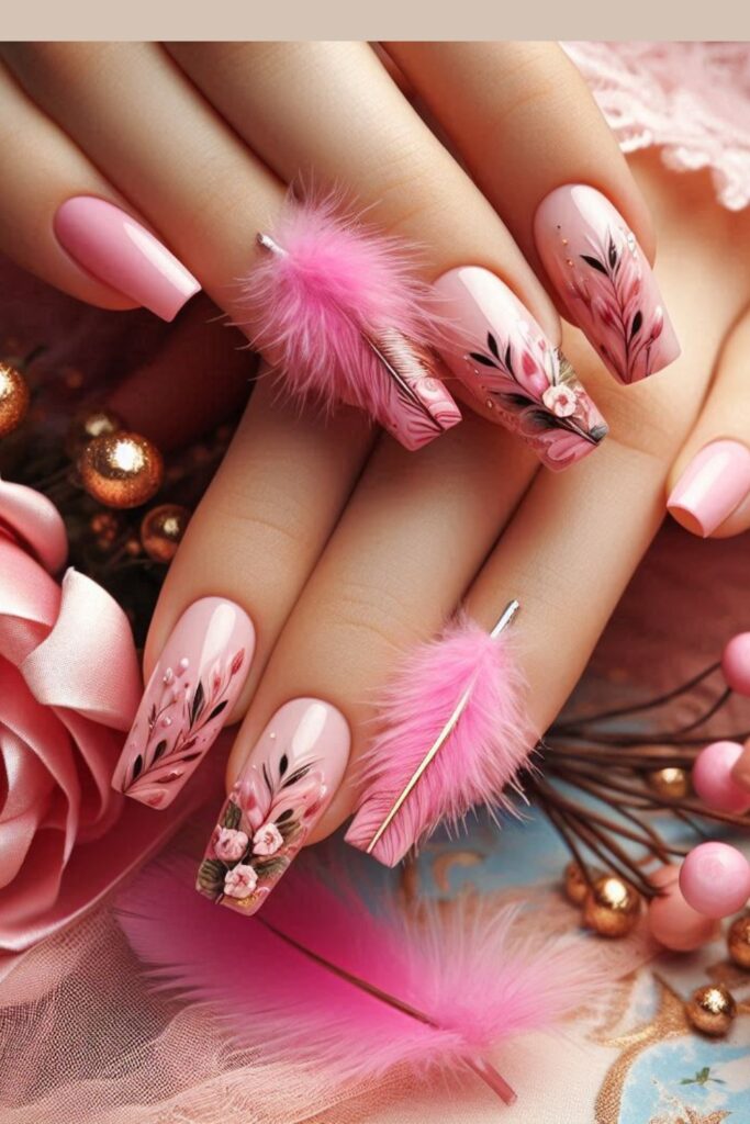 Nails showcasing feather-like designs in various pink shades on the tips, set in a whimsical garden party setting