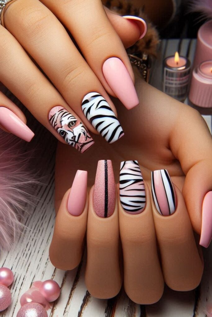 Nails showcasing light pink bases with bold dark pink zebra stripes, set in a fun, animal-themed party environment