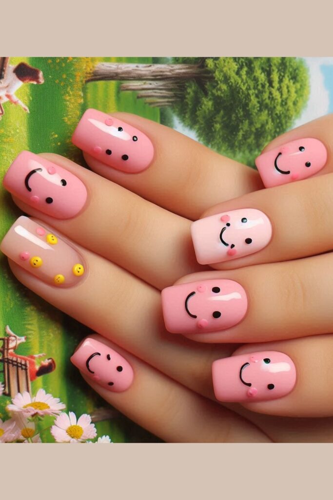 Nails with tiny smiley faces in different pink shades over a clear or light pink base, set in a playful park scene