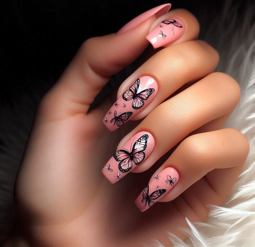 Pink base nail with delicate butterfly designs in black and white