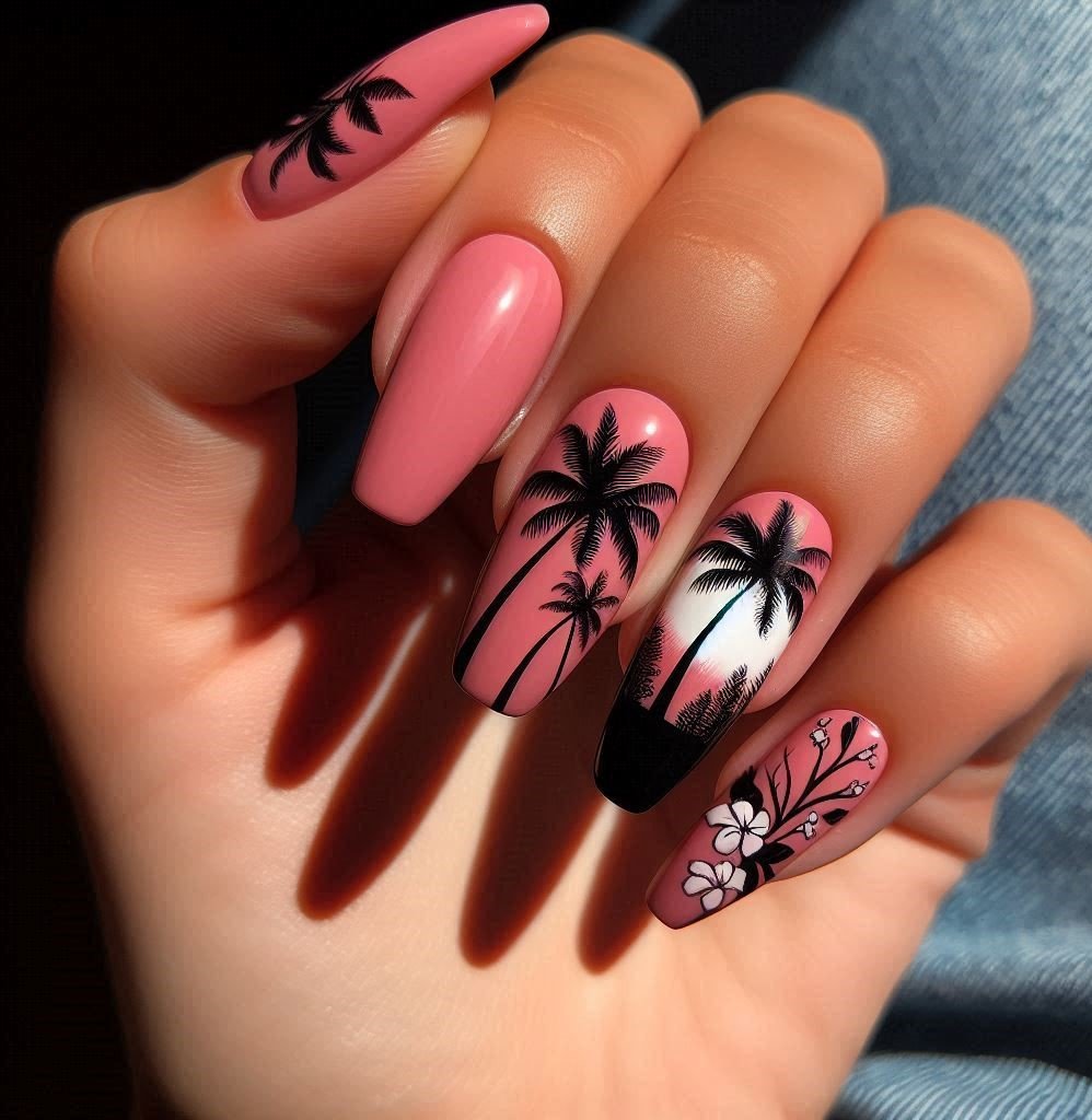 Pink base nail with palm tree silhouettes painted in black or white