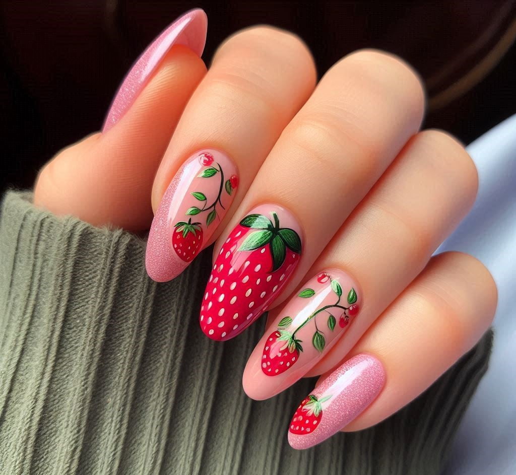 Pink base nail with red strawberry designs and green leaves
