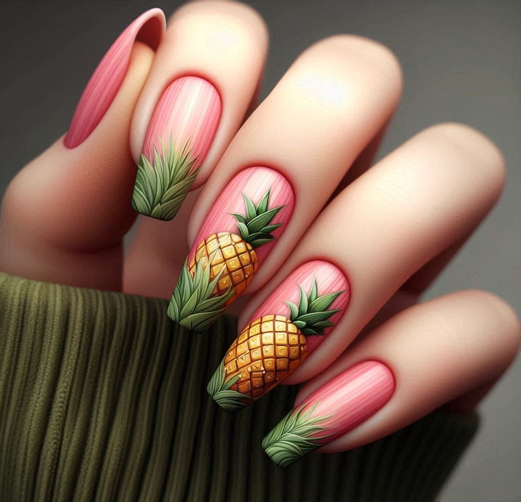 Pink base nail with yellow pineapple designs and green tops