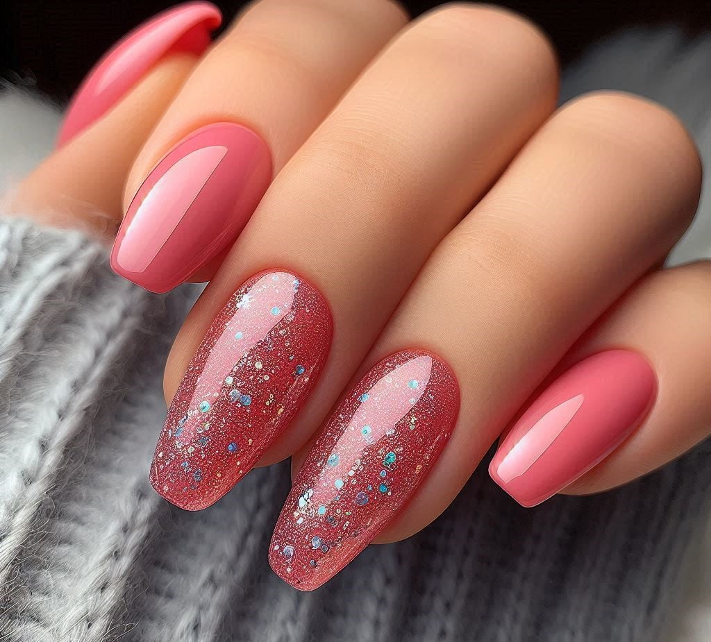 Pink nails with a glittery top coat for extra sparkle