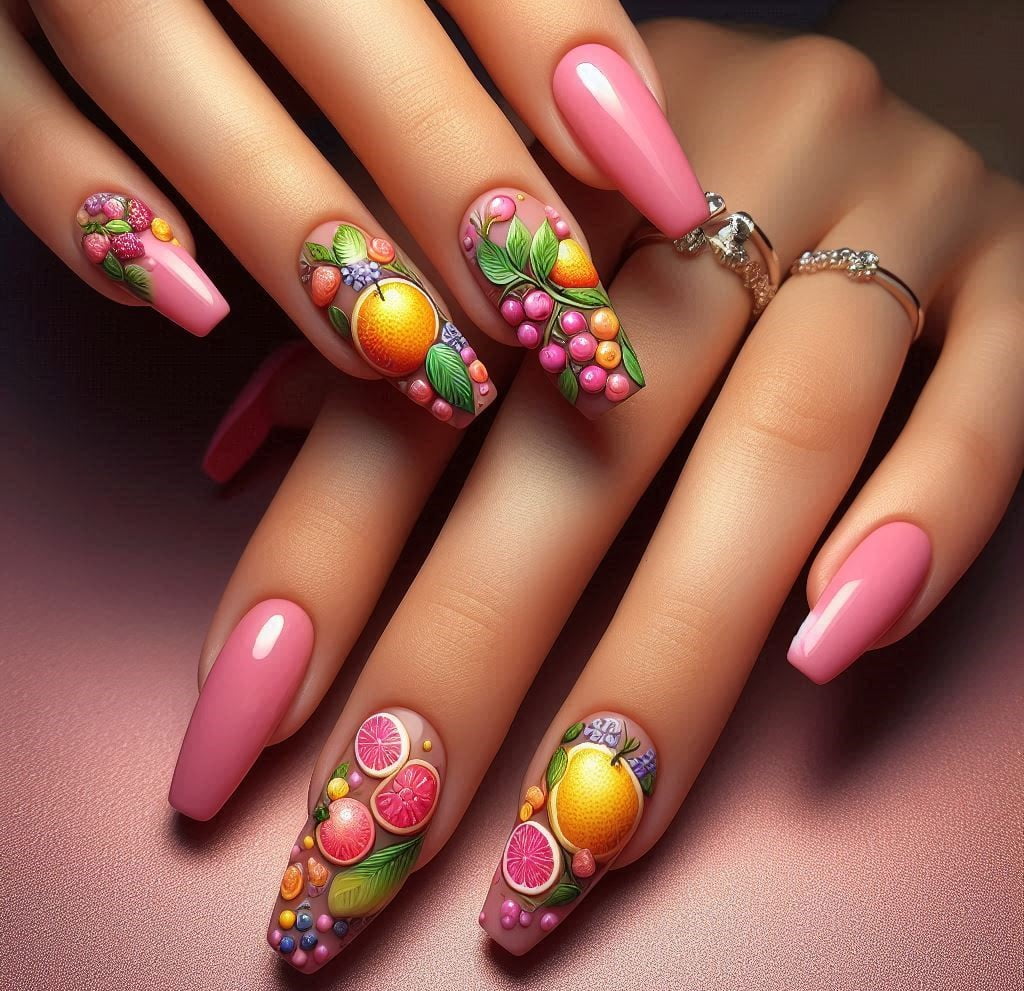 Tutti Frutti: Pink nails with colorful fruit designs like lemons, oranges, and berries