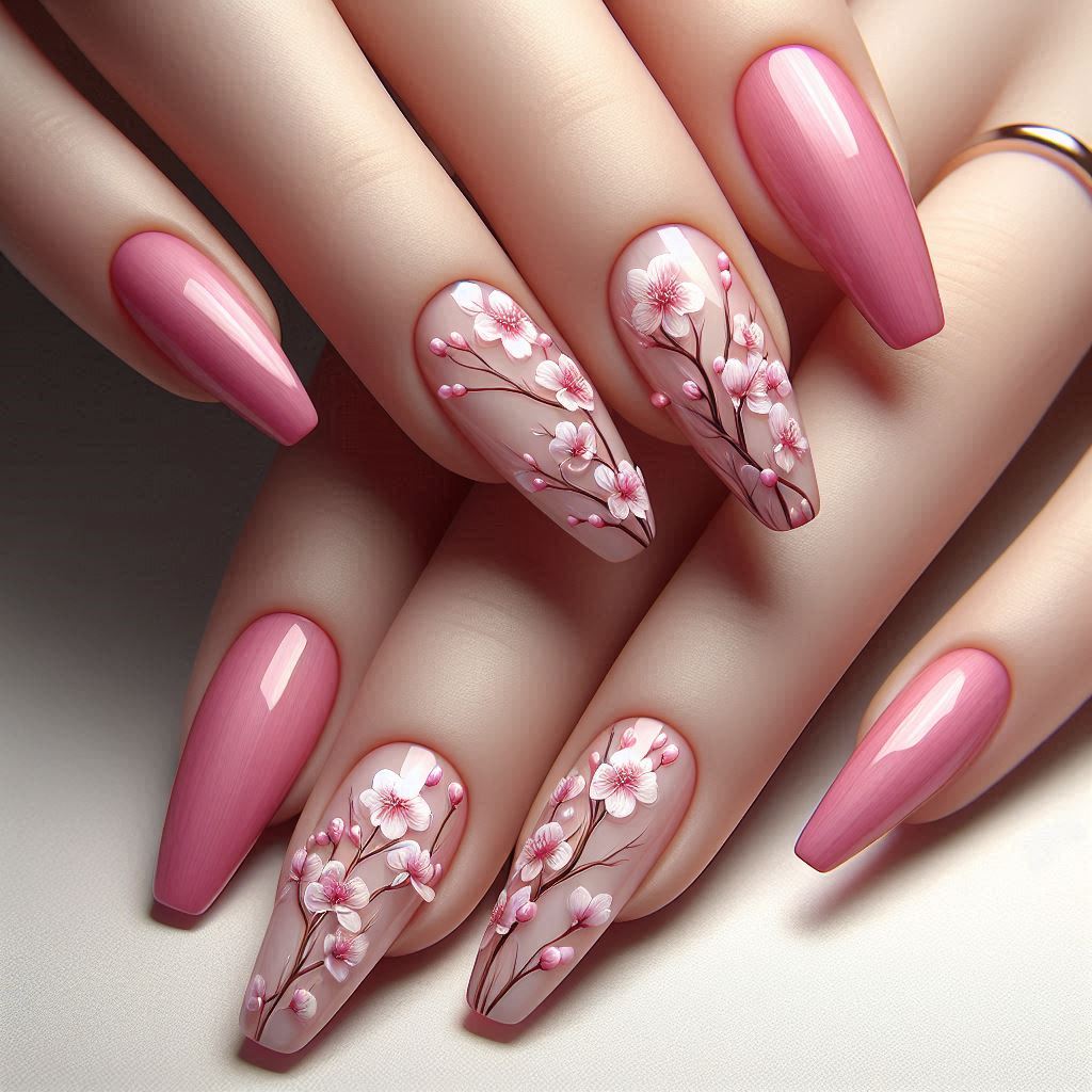 Pink nails with delicate white and pink cherry blossom designs.