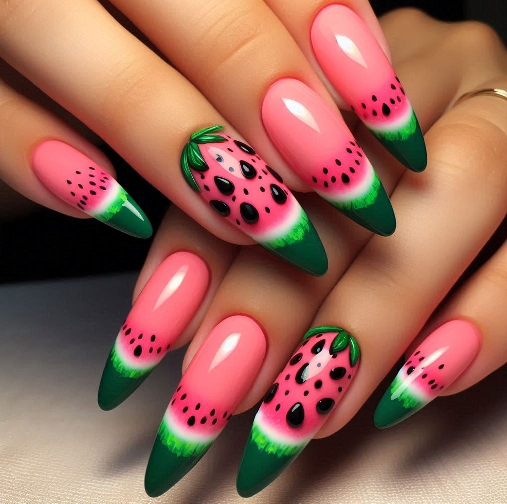 Pink nails with green tips and black seeds, mimicking a watermelon slice