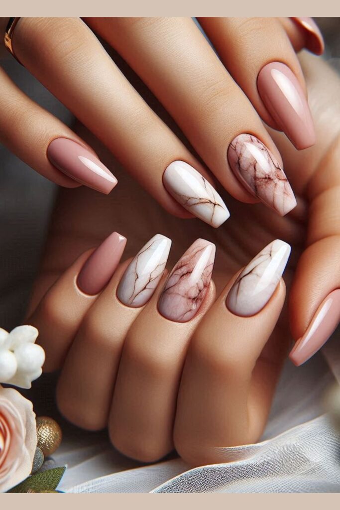 image of nails with a nude base and elegant pink marble tips, set against a sophisticated wedding backdrop